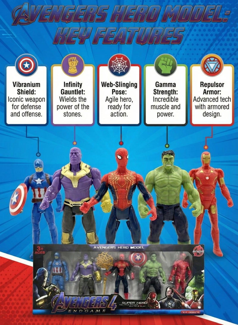 Avengers Toy Set of 5 Super Heroes – Marvel Action Figures Play Set | Captain America, Iron Man, Spider-Man, Hulk & Thanos | Infinity War & Endgame Collectible Model Dolls | Best Birthday Gift for Boys & Kids 3+ - Image 3